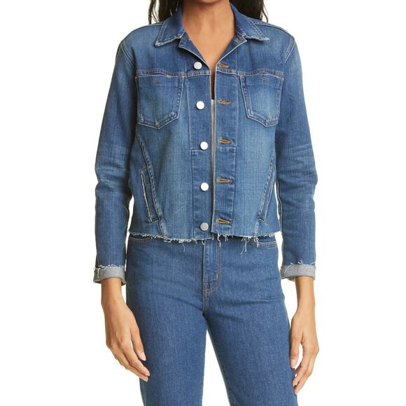 L'AGENCE Jackets & Blazers - L'agence Janelle Raw Cut Slim Denim Jacket Blue Jean Distressed LS Women Size XL